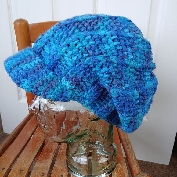 Blue Macaw Slouchy with a Brim OSFM crochet newsboy slouch hat premade - Picture 2 of 7